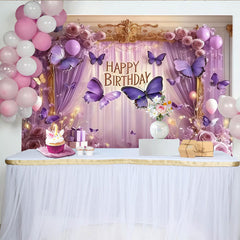 Lofaris Toile de Fond de F¨ºte Joyeux Anniversaire Papillon Violet avec Roses ¨¦l¨¦gantes et Ballons, D¨¦coration Cadre Dor¨¦