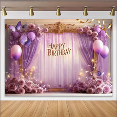 Lofaris Toile de Fond de Fête Élégante Joyeux Anniversaire Lavande Violette avec Papillons, Décoration Cadre Doré