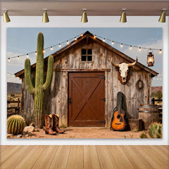 Lofaris Toile de fond grange en bois cactus bottes de cowboy,  western rustique, crâne de taureau guirlande lumineuse et guitare