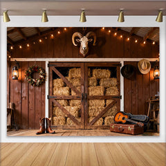 Lofaris Toile de fond grange rustique en bois style western, avec foin, bottes de cowboy et lumières, pour fête