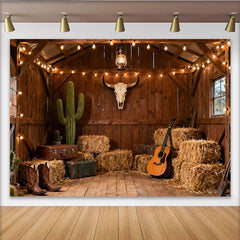 Lofaris Toile de fond grange western rustique, avec cactus, crâne de taureau et lumières, pour fête et photographie