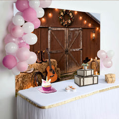 Lofaris Toile de fond rustique Grange et bottes de cowboy, pour fête western, avec guitare, foin et lumières