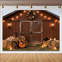 Lofaris Toile de fond rustique Grange et bottes de cowboy, pour fête western, avec guitare, foin et lumières