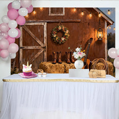 Lofaris Toile de fond de fête rustique grange avec lumières et guitare, pour photographie et décor de célébration.