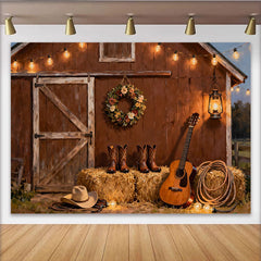 Lofaris Toile de fond de fête rustique grange avec lumières et guitare, pour photographie et décor de célébration.