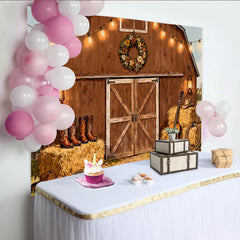 Lofaris Toile de fond grange rustique avec lumières et bottes de cowboy, pour fête campagnarde, décor de ferme