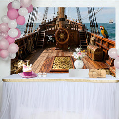 Lofaris Toile de fond de fête pirate avec trésor, pièces d'or et perroquet, pour aventure en mer, anniversaire et événement