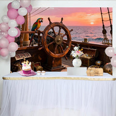 Lofaris. Toile de fond pirate avec trésor, perroquet et roue de navire, pour fête d'aventure, coucher de soleil sur l'océan