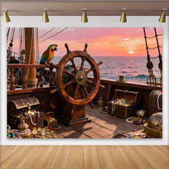 Lofaris. Toile de fond pirate avec trésor, perroquet et roue de navire, pour fête d'aventure, coucher de soleil sur l'océan