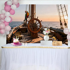 Lofaris Toile de fond de fête pirate avec trésor, perroquet et navire en mer, pour une aventure épique au coucher du soleil