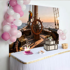 Lofaris Toile de fond de fête pirate avec trésor, perroquet et navire en mer, pour une aventure épique au coucher du soleil