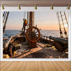 Lofaris Toile de fond de fête pirate avec trésor, perroquet et navire en mer, pour une aventure épique au coucher du soleil