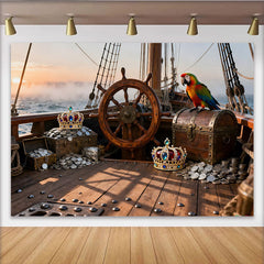 Lofaris Toile de fond de fête pirate avec trésor et perroquet, pour anniversaire et aventure, décor de navire en bois