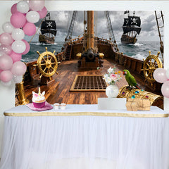 Lofaris Toile de fond pirate avec navires et trésor, pour fête d'anniversaire, aventure en mer et perroquet.