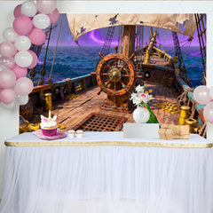 Lofaris Fond de fête bateau pirate, trésor et perroquet, océan et ciel violet pour une aventure épique