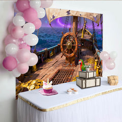 Lofaris Fond de fête bateau pirate, trésor et perroquet, océan et ciel violet pour une aventure épique
