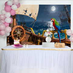 Lofaris Toile de fond de fête bateau pirate et perroquet, trésor de pièces d'or sous la pleine lune pour aventure nocturne