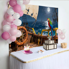 Lofaris Toile de fond de fête bateau pirate et perroquet, trésor de pièces d'or sous la pleine lune pour aventure nocturne