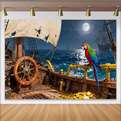Lofaris Toile de fond de fête bateau pirate et perroquet, trésor de pièces d'or sous la pleine lune pour aventure nocturne