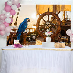 Lofaris Toile de fond pirate avec perroquet bleu, trésor et gouvernail, pour fête d'anniversaire et aventure en mer