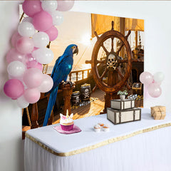 Lofaris Toile de fond pirate avec perroquet bleu, trésor et gouvernail, pour fête d'anniversaire et aventure en mer