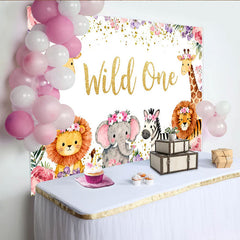 Lofaris. Toile de fond Wild One safari doré avec animaux et fleurs, pour premier anniversaire bébé fille