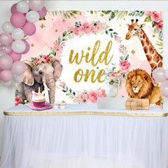 Lofaris Toile de fond safari 'Wild One' rose et or, avec éléphant, lion et girafe, pour premier anniversaire de bébé fille