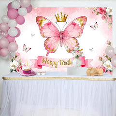 Lofaris Élégante toile de fond papillon rose et or, joyeux anniversaire avec couronne, fleurs aquarelle pour fête de fille