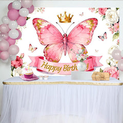 Lofaris Toile de fond joyeux anniversaire papillon rose et couronne, fleurs aquarelle pour fête de fille, décoration élégante.