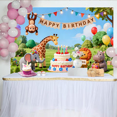 Lofaris Toile de fond joyeux anniversaire animaux de la jungle et gâteau, pour fête d'enfants, décoration de studio photo