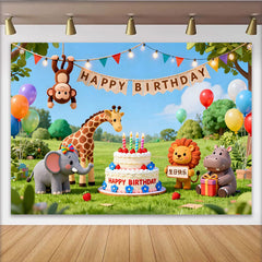Lofaris Toile de fond joyeux anniversaire animaux de la jungle et gâteau, pour fête d'enfants, décoration de studio photo
