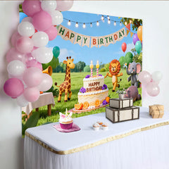 Lofaris Toile de fond joyeux anniversaire avec animaux de la jungle, décorations de fête pour enfants et dessins animés.