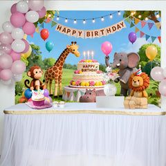 Lofaris Toile de fond joyeux anniversaire animaux de la jungle, avec gâteau et ballons colorés pour fête d'enfants