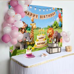 Lofaris Toile de fond anniversaire animaux safari mignons, avec gâteau, ballons et bannière pour fête d'enfants en plein air