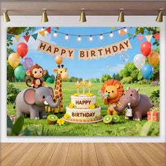 Lofaris Toile de fond anniversaire animaux safari mignons, avec gâteau, ballons et bannière pour fête d'enfants en plein air