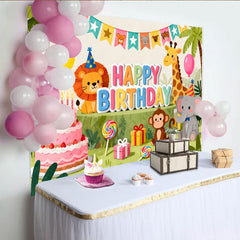 Lofaris Toile de fond joyeux anniversaire jungle avec animaux mignons, pour fête d'enfants et décorations de safari