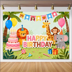 Lofaris Toile de fond joyeux anniversaire avec animaux de la jungle, lion, girafe et éléphant, pour enfants