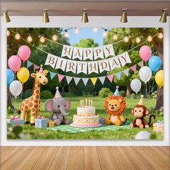Lofaris Toile de fond joyeux anniversaire avec animaux, ballons et gâteau, décoration de fête pour enfants