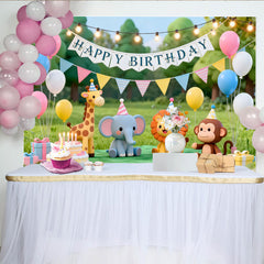 Lofaris Toile de fond d'anniversaire avec animaux de dessin animé mignons, ballons colorés et gâteau