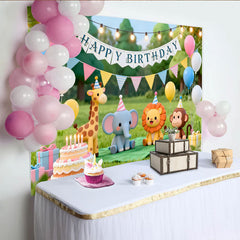 Lofaris Toile de fond d'anniversaire avec animaux de dessin animé mignons, ballons colorés et gâteau