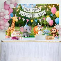 Lofaris Toile de fond joyeux anniversaire avec animaux de la jungle, gâteau, ballons colorés et lumières pour fête d'enfants