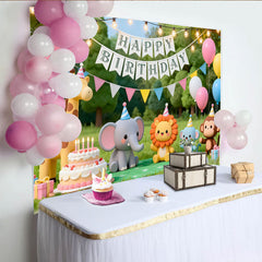 Lofaris Toile de fond joyeux anniversaire avec animaux de la jungle, gâteau, ballons colorés et lumières pour fête d'enfants