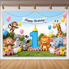 Lofaris Toile de fond premier anniversaire safari avec animaux mignons, ballons et chiffre 1 pour bébé
