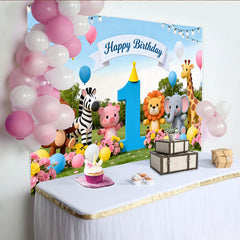 Lofaris, Toile de fond premier anniversaire animaux de la jungle, ballons colorés pour fête d'enfant