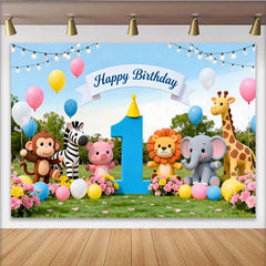Lofaris, Toile de fond premier anniversaire animaux de la jungle, ballons colorés pour fête d'enfant