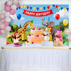 Lofaris Toile de fond joyeux anniversaire animaux de la jungle, dessin animé coloré avec ballons et gâteau pour enfants et bébés