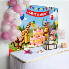 Lofaris Toile de fond joyeux anniversaire animaux de la jungle, dessin animé coloré avec ballons et gâteau pour enfants et bébés