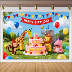 Lofaris Toile de fond joyeux anniversaire animaux de la jungle, dessin animé coloré avec ballons et gâteau pour enfants et bébés