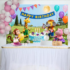 Lofaris Toile de fond joyeux anniversaire animaux mignons et ballons colorés, pour enfants, décoration de fête d'anniversaire