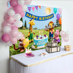 Lofaris Toile de fond joyeux anniversaire animaux mignons et ballons colorés, pour enfants, décoration de fête d'anniversaire